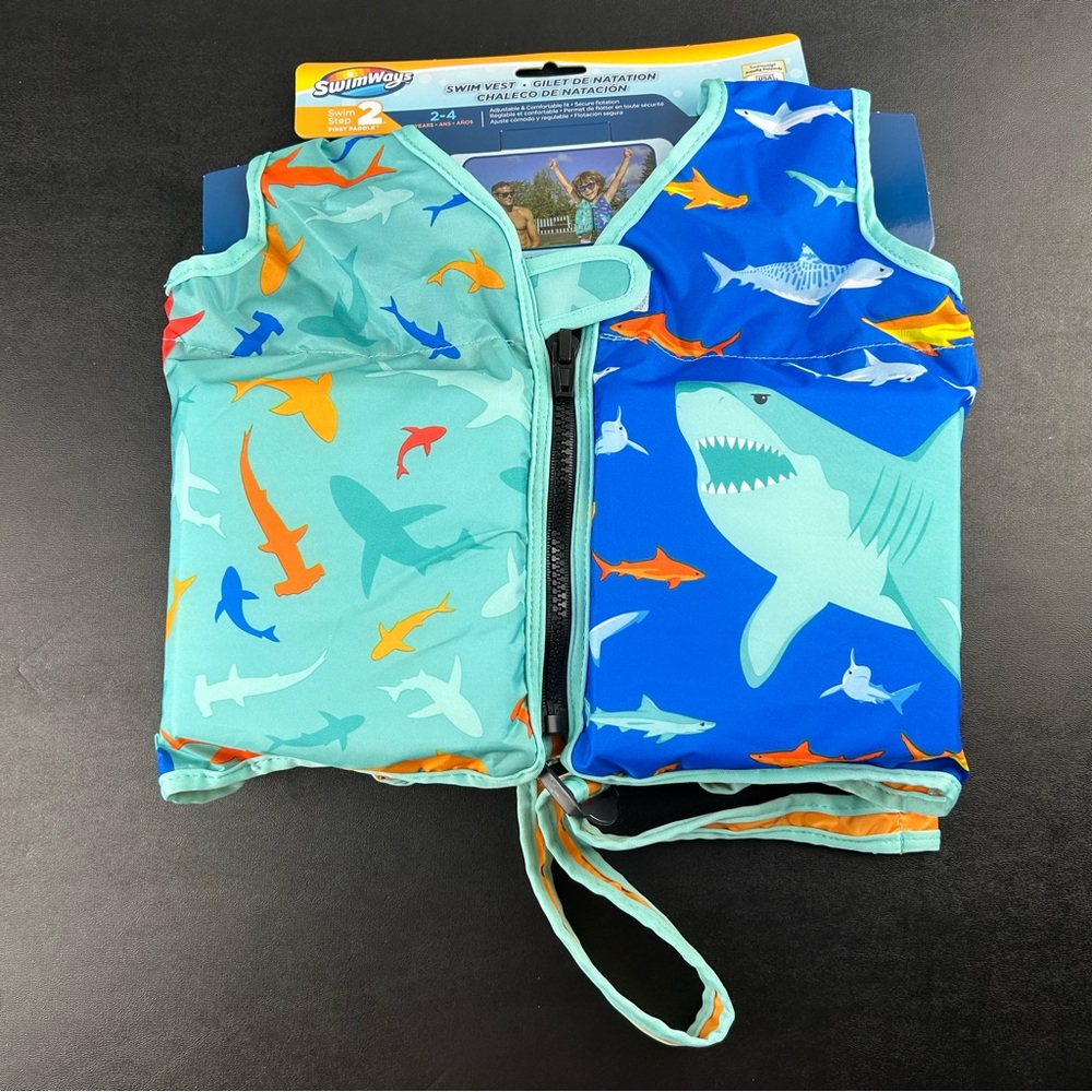 SwimWays Child Shark Print Step 2 Swim Vest Life Jacket Adjustable Ages 2-4